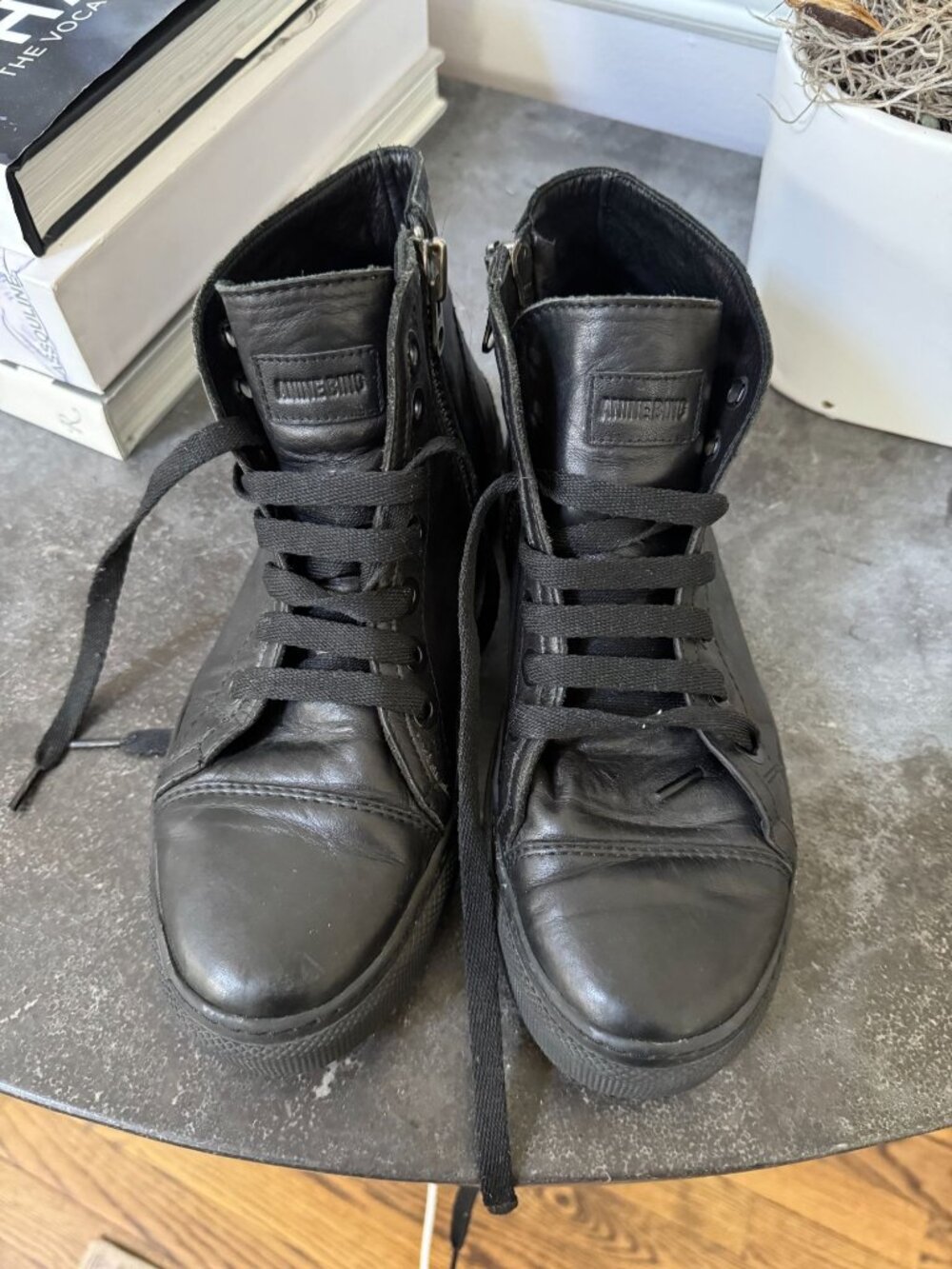 Anine Bing Nico Black Leather High Top Sneakers Side Zip Size 37 7
